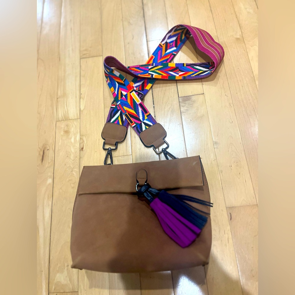Brown Crossbody Bag with Colorful Strap